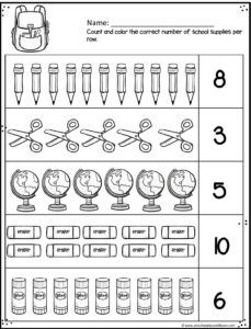 Pre K worksheets to practice counting and coloring school supplies