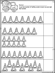 Super cute safety cone prek counting worksheets for preschool