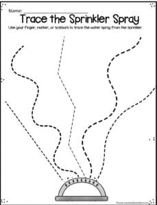 This adorable water sprinkler preschool worksheet helps kids practice pre writing skills
