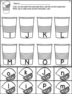 Summer lemonade alphabet matching worksheets