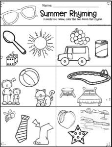 Help preschool and Kindergarten age kids improve reading readingess with these summer rhyming worksheets