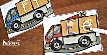 This truck themed educational activity for preschoolers helps kids practice tracing alphabet letters.