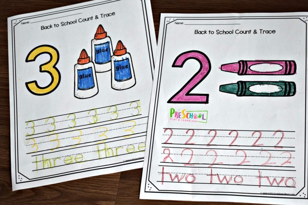 Super cute preschool worksheets for helping kids to practice writing numbers 1-10 on the first day of school