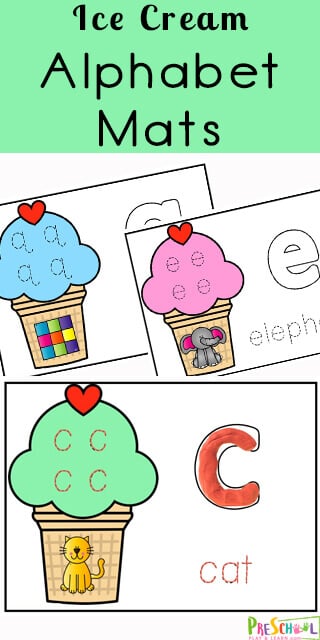 free printable ice cream playdough mats will help your preschool, pre-k, and kindergarten age students practice letter recognition while working on their fine motor skills. This summer activities for preschool helps kids trace lowercase letters, form letters, begin to identify beginning sounds, and trace words too. Simply  print pdf file with ice cream printables and you are ready for this hands-on alphabet ice cream activity for preschoolers.