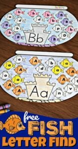 FREE Fish Letter Find - super cute, free printable , interactive alphabet worksheet for preschool and kindergarten age kids to help them work on letter recognition by identifying upper and lowercase letter fishes #preschool #alphabet #kindergarten