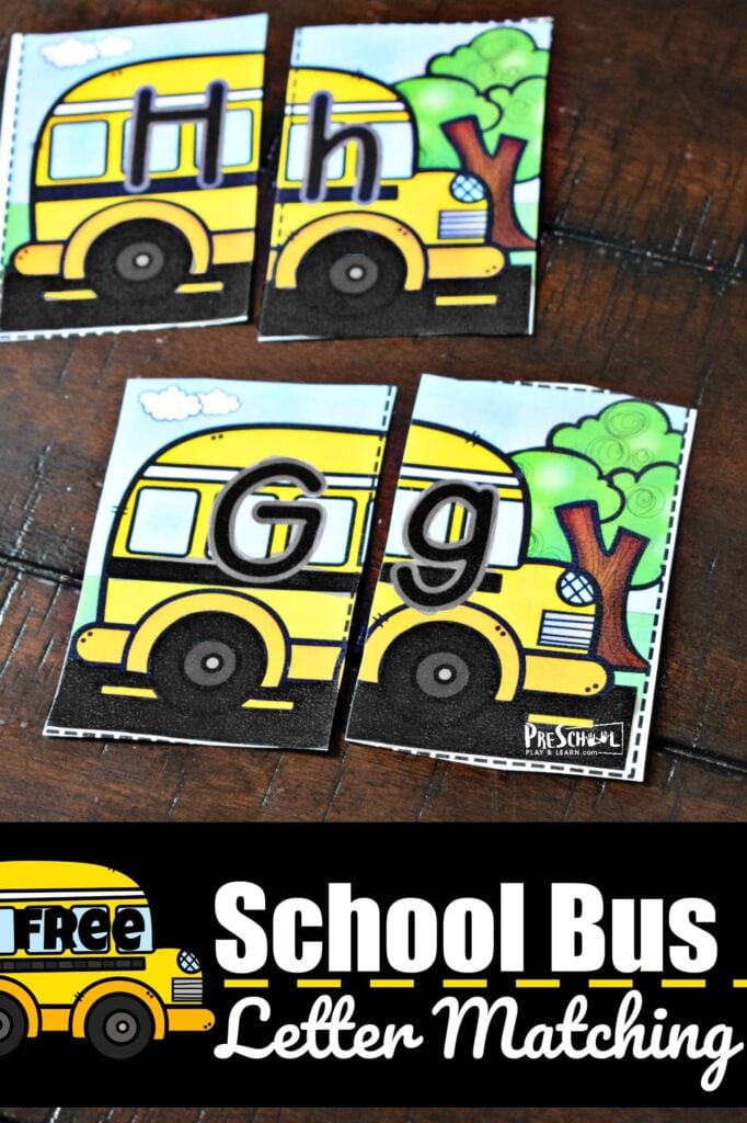 FREE School Bus Letter Matching - kids will have fun practicing uppercase and lowercase letters with this back to school themed alphabet puzzles for preschool, prek, and kindergarten age kids #preschool #backtoschool #alphabet