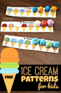 Kids will have fun learning about and practicing patterns with ice cream pattern printable perfect for summer learning! Use this hands-on ice cream math as  Ice Cream Activities for summer learning with toddler, preschool, pre-k, kindergarten, and first graders. This ice cream printable works great for an ice cream theme, summer theme, or on its own to keep kids learning with a free summer printable! Simply download pdf file with ice cream pattern worksheet and you are ready for some fun ice cream math.