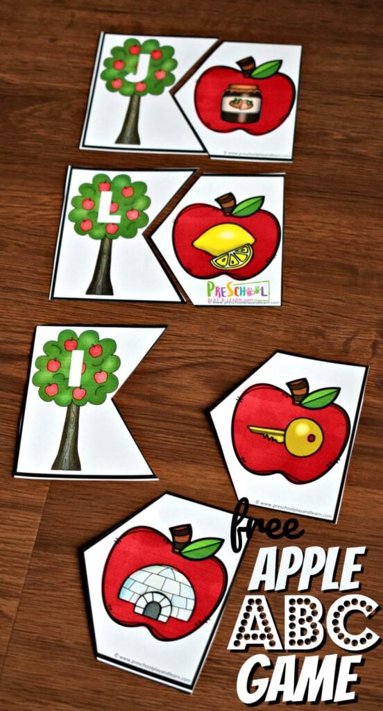 Kids will have fun matching letters and the beginning sounds they make with these super cute, free printable Apple ABC Game perfect for preschoolers and kindergartners as part of a back to school, apple themed learning activity in September.