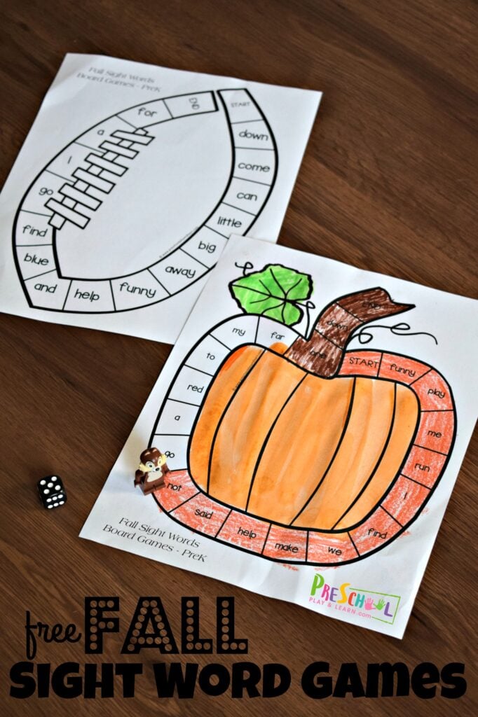 Free Sight Word Games to help practice pre k sight words this fall. Includes both color and black and white versions #sightwords #prek #fall