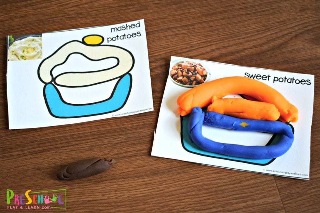 these printable playdough cards are a fun Thanksgiving Activities for Preschoolers