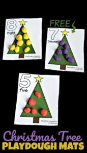 FREE Christmas Tree Playdough Mats - kids will have fun practicing counting to 10 with this fun, hands on math activity for December with toddler, preschool, prek, kindergarten age kids. #christmas #playdough #preschool