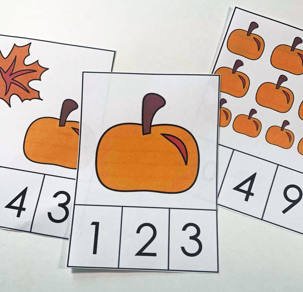 Simply cut apart the clip card and have students count the fall pumpkins and leaves and clip the correct number
