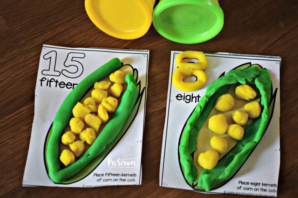 fun fall themed, corn count to 20 activity with playdough for math centers