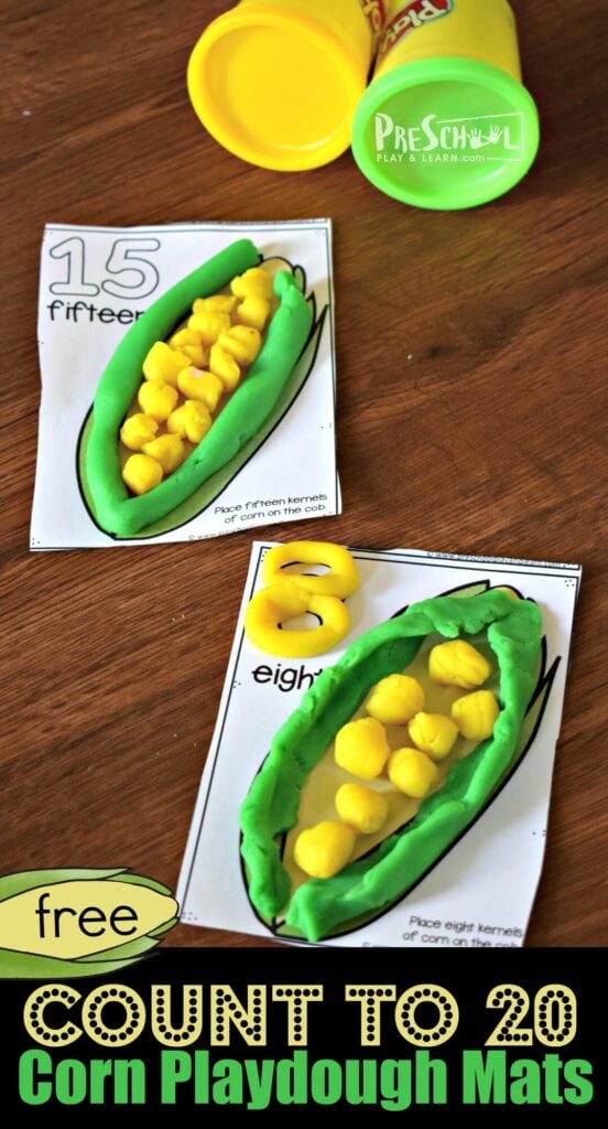 This hands-on math activity allows kids to practice counting to 20 with these free printable playdough mats. This Corn Counting Activity is perfect for toddler, preschool,  pre k and kindergarten age children during summer and fall. This is also a great introduction to number words, including those tricky teen numbers.