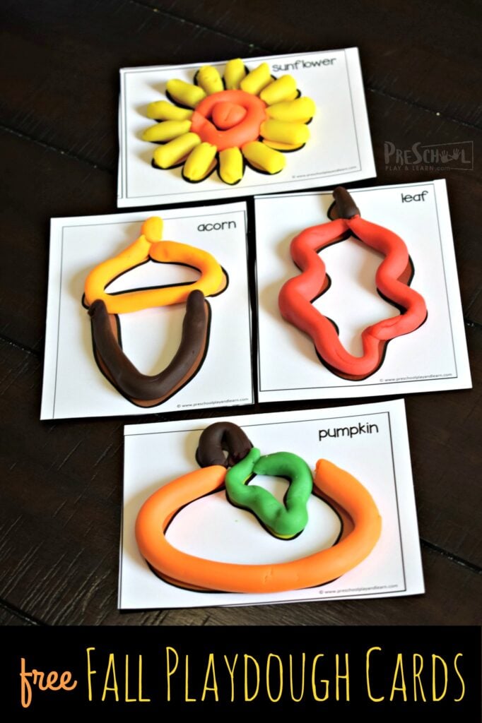Kids will have fun strengthening hand muscles and increasing vocabulary with these super cute, fun, and  FREE printable Fall Playdough Mats for toddler, preschool, pre k, kindergarten, and first grade students. This is great for celebrating autumn while enjoying a creative fall activity for preschoolers.