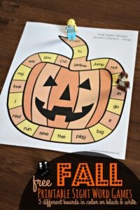 FREE Fall Printable Sight Word Games - 4 different boards you can print in color or black & white to practice pre k sight words with preschoolers and kindergartners #sightwords #fall #prek