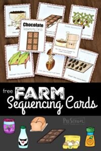 FREE Farm Sequencing Cards - help kids learn how food goes from field to bale with this secquencing activity for preschool, prek, and kindergarten science #sequencing #farm #homeschool
