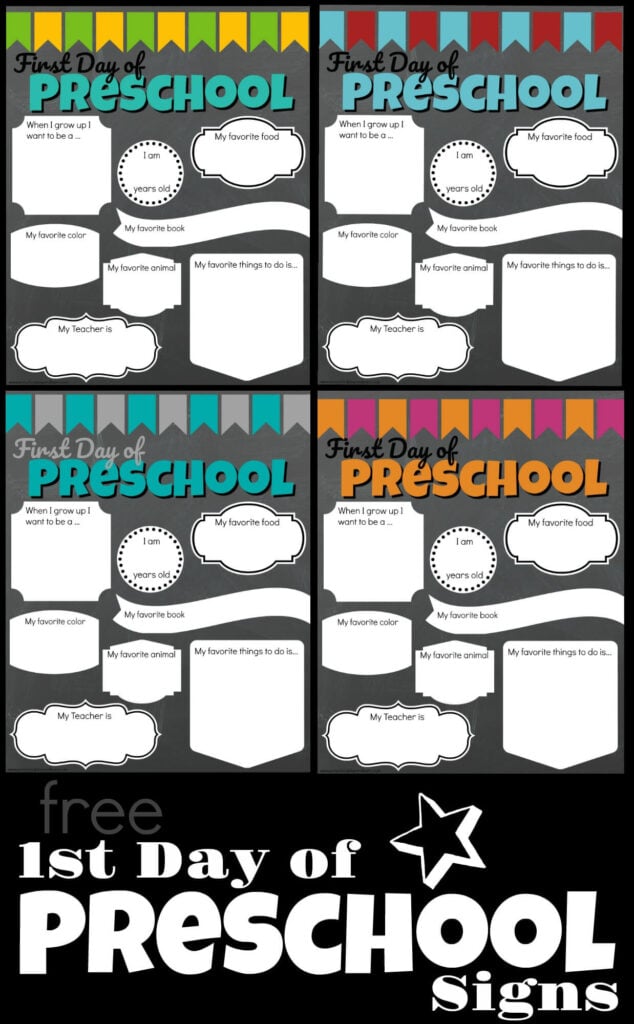 Celebrate the first day of preschool with these super cute, free printable,  First Day of Preschool Signs! You will love that these all about me preschool posters have place to record all about your student so you don't forget their likes, favorites, and other precious memories. Grab the printable first day of preschool sign pdf template here!