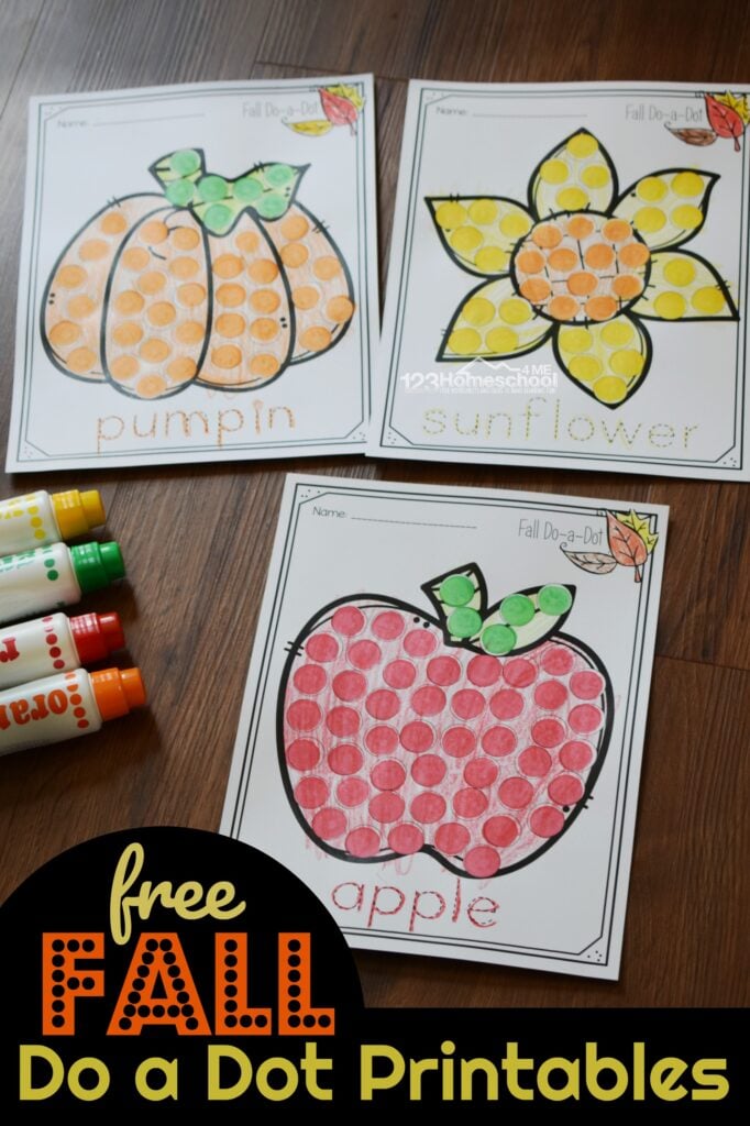 FREE Fall Do a Dot Printables - kids will have fun using dauber markers to complete these fall pictures including pumpkin, acorn, apple, sunflower, and more. Fun fall activity for preschool and kindergarten age kids #fallprintables #preschool #bingomarker
