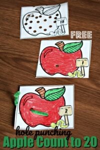 FREE Hole Punching Apple Count to 20 math activity for toddler, preschool, prek, and kindergarten age kids perfect for September and fall #preschoolmath #prek #counting