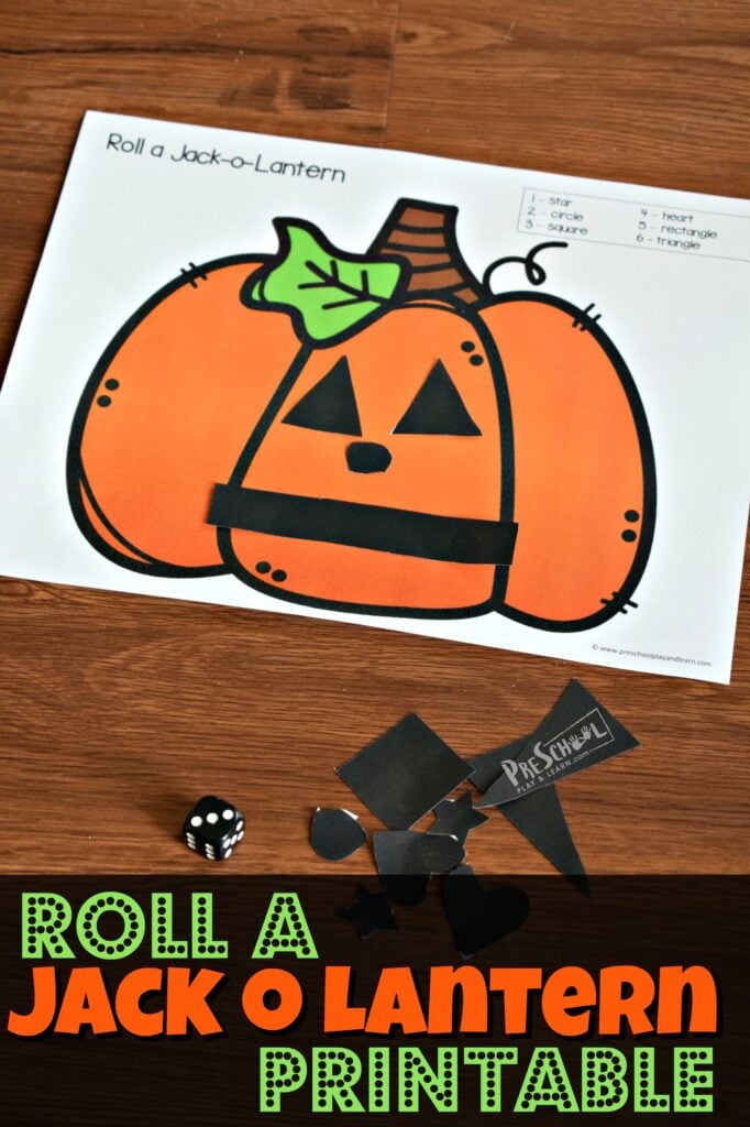 Help kid practice counting, number recognition, shape recognition, and more early math skills with this super cute,  FREE Roll a Jack o Lantern Printable. This math activity for preschoolers, toddlers, and kindergartners is perfect to add to your pumpkin theme, Halloween theme, or simply as a fun October activity for kids!