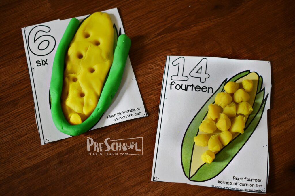 corn playdough mats for kids to practice counting with a fun, hands on math activity for preschoolers