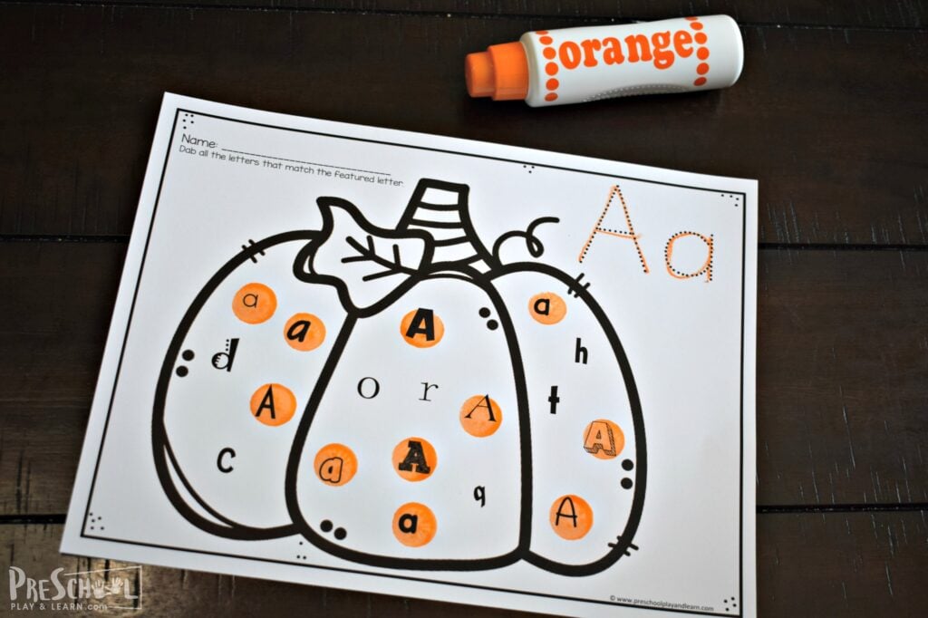 super cute fall pumpkin worksheet for prek and kindergarten age kids to work on letter recognition
