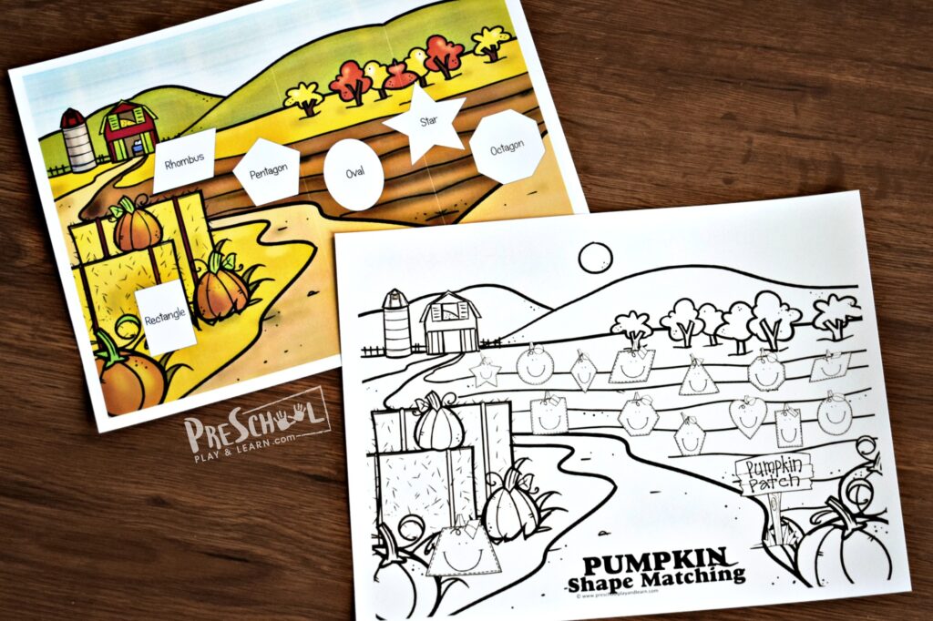 Free pumpkin printables to help prek and kindergarten age kids learn shapes for kids