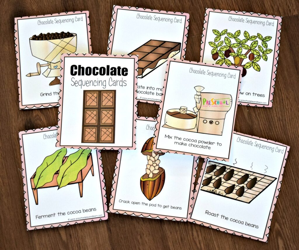 Put the 8 sequencing pictures in order to show the order from field to table to show how chocolate is made