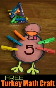 FREE Turkey Math Craft - super cute free counting math activity for thanksgiving that is both a cute turkey craft and hands on math activity perfect for November with preschool, prek, and kindergarten age kids #preschool #counting #turkey