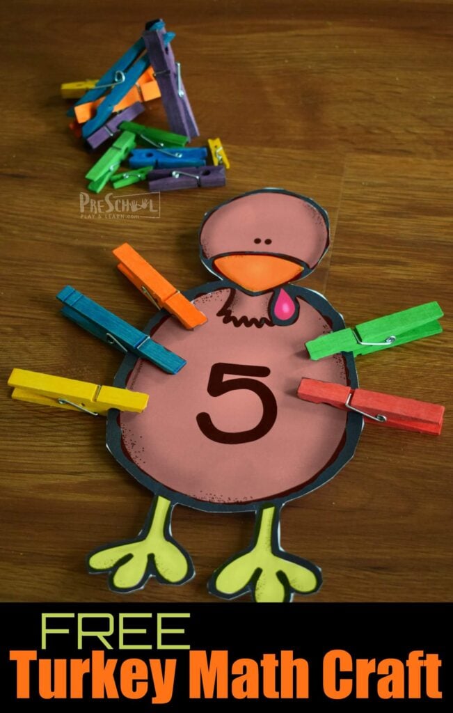 Kids will have fun practicing counting to 10 while making this adorable turkey craft for Thanksgiving in November. Print the pdf file with the turkey math craft to make these super cute clothespin turkey crafts to practice how to count 1-10 fun with toddler, preschool, pre k, and kindergarten age children!