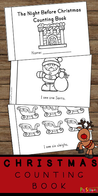 December is here and that means it's time to incorporate some engaging holiday activities to our days to make learning fun with toddler, preschool, pre-k, and kindergarten age students. This free twas the night before Christmas activity printables  is a low-prep Christmas theme counting book. Simply print pdf file with Christmas worksheets, color, and count to 10. As children practice counting Santa, sleighs, stockings, presents, reindeer, chimney, wreath, Christmas trees, and more - they will learn to count one to ten.