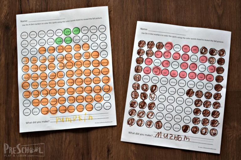 FREE Printable Fall Color Words Worksheets with Dot Markers