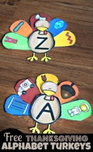 FREE Thanksgiving Alphabet Turkeys - kids will have practicing beginning sounds letters make with these super cute turkey ABC craft or hands on phonics activity for preschool, prek and kindergarten age kids for November #alphabet #turkey #prek