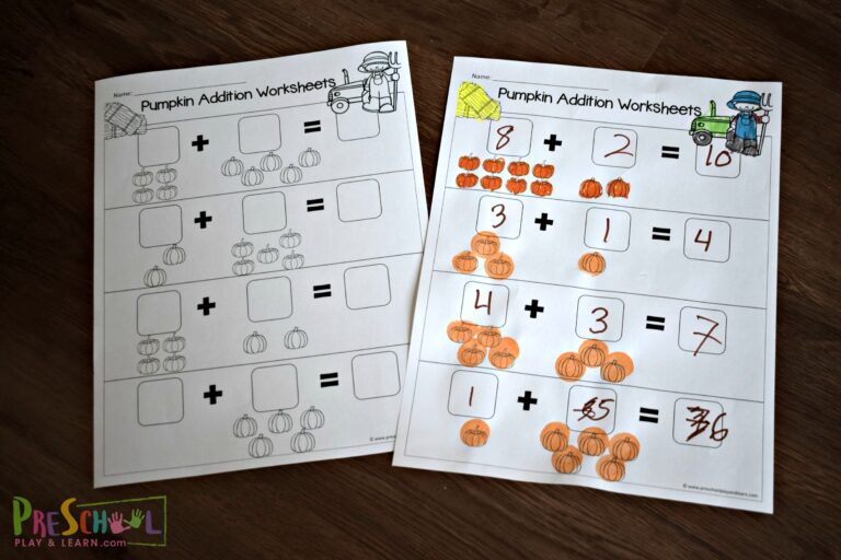 FREE Printable Pumpkin Addition Worksheets for Preschoolers