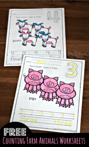 FREE Counting Farm Animals Worksheets - kids will have fun practicing counting animals on the farm and tracing numbers 1-10 with these adorable count to 10 printables for toddler, preschool, prek, and kindergarten age kids in the fall, spring, or farm theme. #farm #preschool #counting