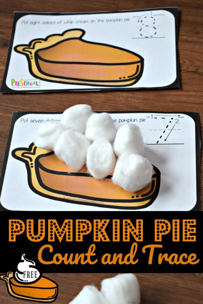 This super cute and free printable Pumpkin Pie Counting activity is such a fun way for toddler, preschool, pre k, and kindergarten age students to learn to count to 10. Grab the free counting cards, count out whip cream balls, and trace the numbers 1-10 with this Thanksgiving printable for November. 