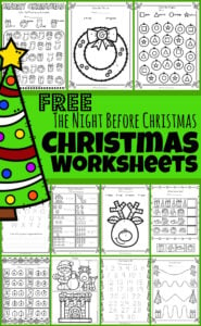 Kids will have fun practicing math and literacy skills in December using these super cute, free Christmas Worksheets with a fun twas the night before Christmas poem printable theme. Preschool, pre-k, and kindergarten age kids will enjoy all the fun free worksheets included as they download the pdf file with the night before Christmas activities. This is a HUGE Christmas printable pack!