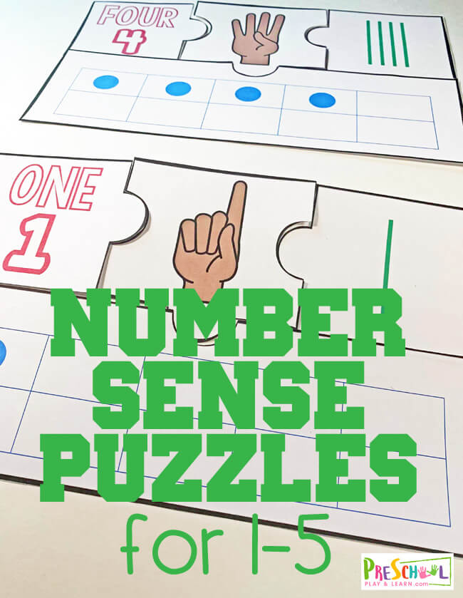 Have fun working on number sense with these super cute, low prep, Number Sense Puzzles. These free printable are a fun way to help preschool, pre k, and kindergarten age children learn counting 1-5, visualize, tally marks, finger counting, and number words.