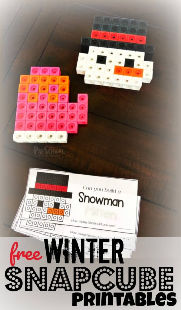 Super cute winter printables to help preschool, pre-k, and kindergarten age students have fun with an early winter math activity. Children will use snap cubes to create snowflakes, snowman, mitten, polar bear, tree, sled, ice skates, hot cocoa mug, and more with our free snap cube pattern cards.  Simply print unifix cube pattern cards free pdf file with this fun winter activity for preschoolers.