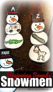 FREE Beginning Sounds Snowmen - help prek and kindergarten age kids work on phonemic awareness with this free printable, hands on educational activity for winter. Perfect for literacy center or extra practcie at home #preschool #snowmanprintable #beginningsounds