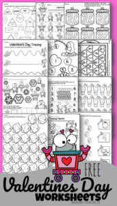 FREE Valentine's Day Worksheets - these super cute free printables for preschool and kindergarten age kids help them practice counting, number recognition, alphabet letter, tracing upper and lowercase letters, patterns, graphing, phonemic awareness, colors, shapes, and so much more with NO PREP worksheets for preschoolers and kindergartners perfect for February #valentinesday #valentineprintables #preschool #kindergarten #education