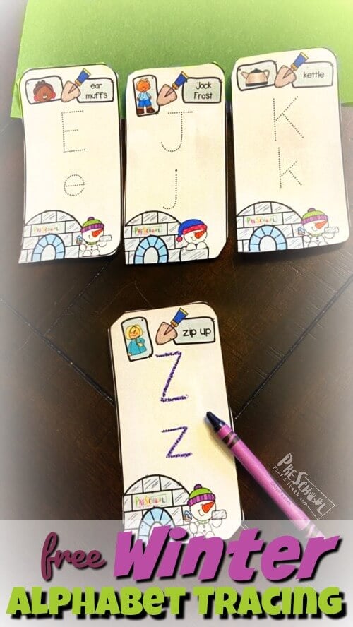These super cute, FREE printable letter tracing cards are a fun way for toddler, preschool, pre-k, and kindergarten age students to practice tracing upper and lowercase letters while learning some fun winter vocabulary too. Print pdf file with winter printables to trace and erase for lots of practicing writing ABCs.  Each winter worksheet has a cute snowman, igloo, letters to trace, and a winter item that starts with the featured alphabet letter.