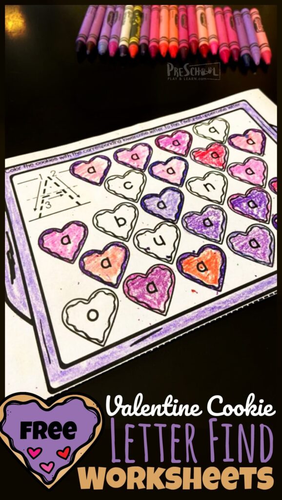 Kids will practice their ABCs with this fun, free printable valentines day preschool activity! In this pack of super cute valentines day worksheets there is a page for each letter of the alphabet from A to Z. Children will color all the heart sugar cookies that belong on the cookie sheet in this Valentine worksheets for preschool, toddler, pre-k, and kindergarten age students. There is an abc printables for each letter from A to Z. SImply print valentine's day worksheets pdf file and you are ready to play and learn in February with this valentines day activities for preschoolers.