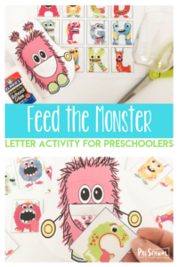 FREE Feed the Monster Letter Activity - this fun alphabet letter recognition activity is a fun, hands on educational activity for preschool, prek, toddler, and kindergarten age kids with a fun monster pritnable #monstertheme #alphabet #preschool #prek