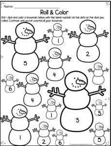 snowman worksheets to work on number recognition with a dice