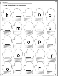 winter mitten worksheet to practice what letter is missing
