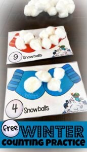 FREE Winter Counting Practice - Young learners will have fun practicing counting to 10 with this FREE printable, hands on winter Counting Practice using cotton ball snowballs. #wintercounting #preschool #preschoolmath #wintertheme