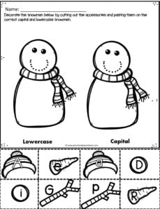 snowman cut and paste worksheet to practice identifying upper and lowercase letters