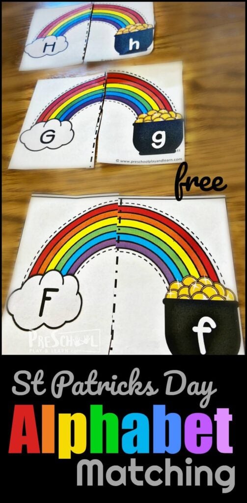 Young learners will have fun learning their letters with this fun,  St Patrick's Day Printables. Use this st patricks day activity for preschoolers with toddler, preschool, pre-k, and kindergarten age students to work on Alphabet Matching. Children will match uppercase to lowercase rainbow pieces in this fun st patrick's day ideas for kids. Simply print pdf file with rainbow printables, and you are ready to play and learn in March and April!